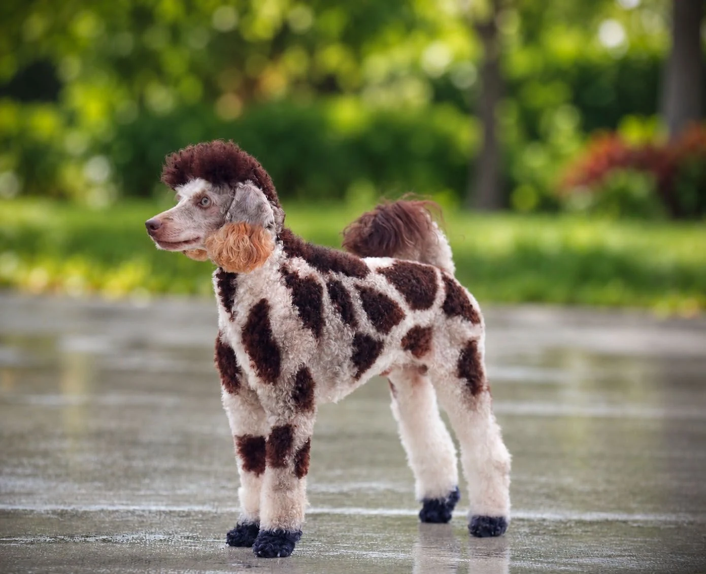 Creative grooming color design on a dog